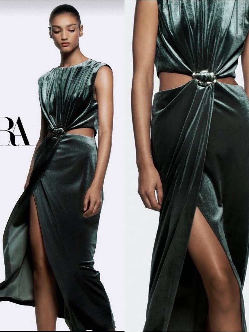 Zara Emerald Green Velvet Midi Dress with Cutout Knot